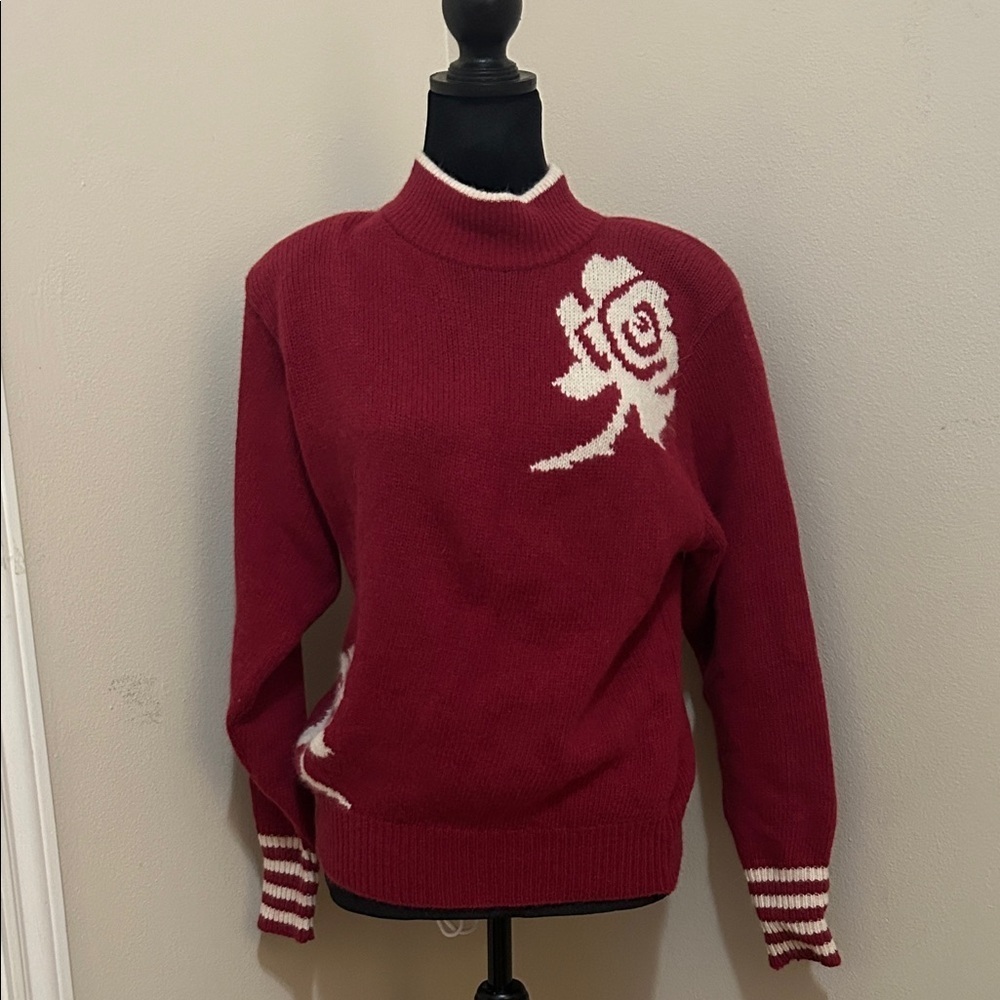JEANNE PIERRE Burgundy Sweater with White Rose